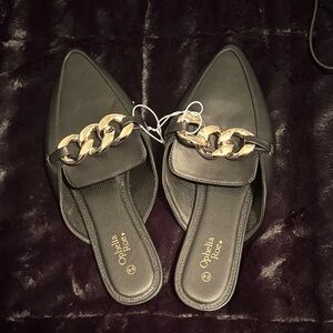 Ophelia & Rose Black Mules with Gold Chain